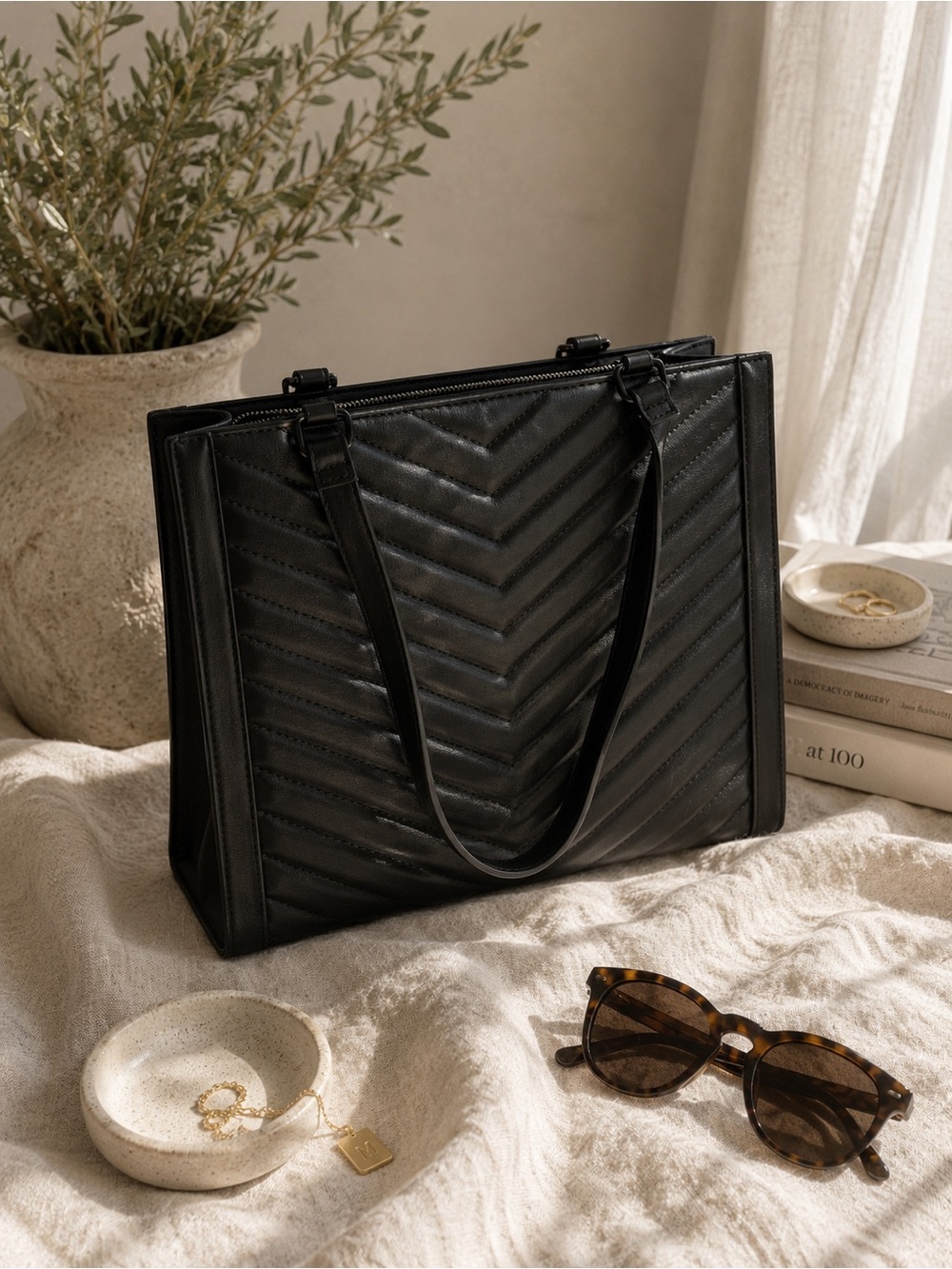 ALDO Black Quilted Faux Leather Shoulder Tote Bag